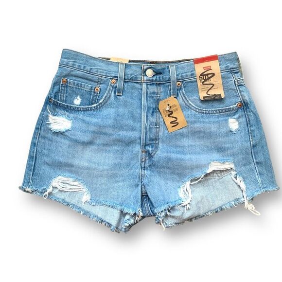 Levi’s 501 Shorts Medium Denim Highrise Cutoff Raw Hem Distressed Boho Jorts - Picture 8 of 8